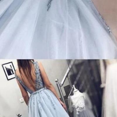 Mermaid v neck open back tulle beaded senior prom dress,sexy evening dress - Thumbnail 5