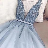 Mermaid V Neck Open Back Tulle Beaded Senior Prom Dress,Sexy Evening Dress - Thumbnail 4