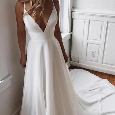 Simple a-line v-neck white lace sweep train chiffon prom dress, mermaid wedding dress - Thumbnail 5