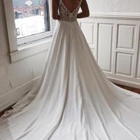 Simple A-line V-neck White Lace Sweep Train Chiffon Prom Dress, Mermaid Wedding Dress - Thumbnail 1