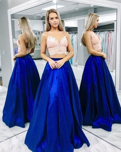 Two Piece Royal Blue Long Prom Dresses with Appliques