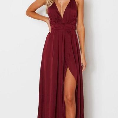 Spaghetti straps a line simple long burgundy prom dresses sexy evening dress - Thumbnail 5