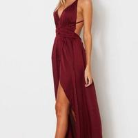 Spaghetti Straps A Line Simple Long Burgundy Prom Dresses Sexy Evening Dress - Thumbnail 1