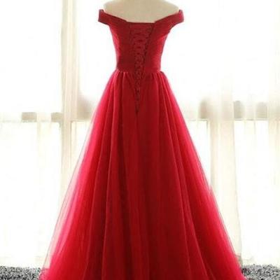 Off shoulder red v neck tulle long prom dress, a line evening dress - Thumbnail 5