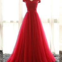 Off Shoulder Red v neck tulle long prom dress, a line evening dress - Thumbnail 1