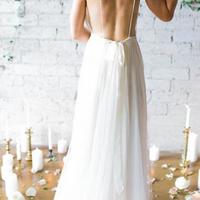 Simple A Line Deep V-neck Sweep Train Ivory Wedding Dresses ,Bridal Gown - Thumbnail 1