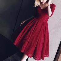 Beauty Half Sleeves V Neck Burgundy Lace Short Prom Dress,Homecoming Dress  - Thumbnail 2