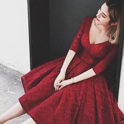 Beauty half sleeves v neck burgundy lace short prom dress,homecoming dress  - Thumbnail 4