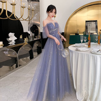 Stylish blue tulle long prom dress, blue evening dress - Thumbnail 2