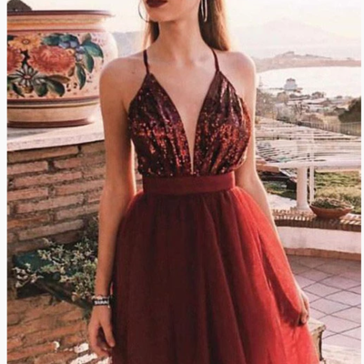 Spaghetti straps v neck burgundy tulle homecoming dresses with sequins, prom dresses,170 - Thumbnail 3