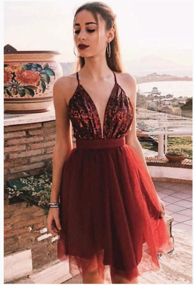 Spaghetti Straps V Neck Burgundy Tulle Homecoming Dresses with Sequins, Prom Dresses,170