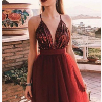 Spaghetti Straps V Neck Burgundy Tulle Homecoming Dresses with Sequins, Prom Dresses,170 - Thumbnail 1