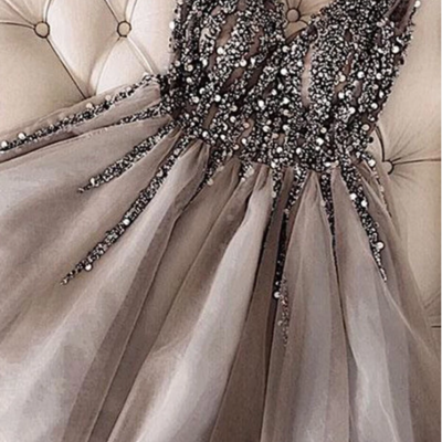 Luxurious sequins beaded v neck tulle short v back gray prom dress,homecoming dress,171 - Thumbnail 5