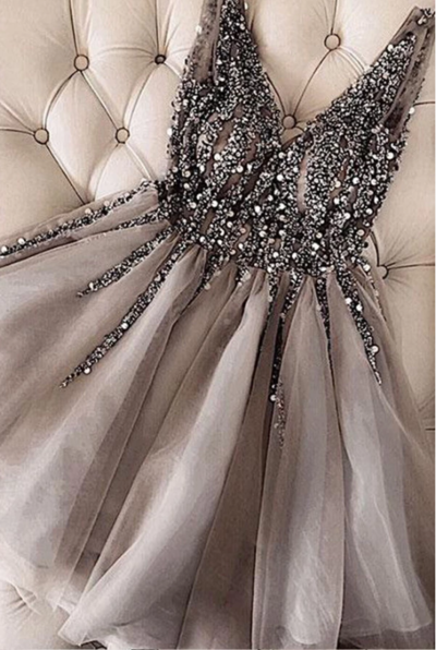 Luxurious Sequins Beaded V Neck Tulle Short V Back Gray Prom Dress,Homecoming Dress,171