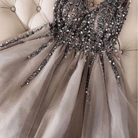 Luxurious Sequins Beaded V Neck Tulle Short V Back Gray Prom Dress,Homecoming Dress,171 - Thumbnail 1
