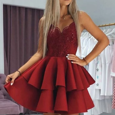Cute burgundy v neck spaghetti straps above knee short homecoming dresses,172 - Thumbnail 4