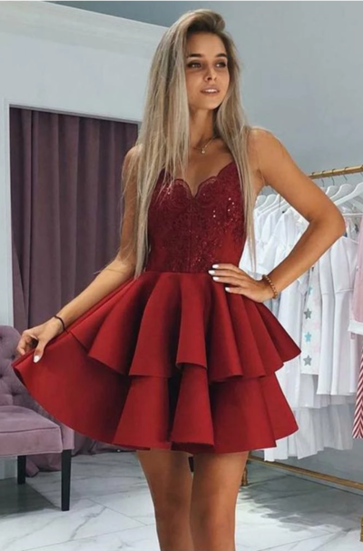 Cute Burgundy V Neck Spaghetti Straps Above Knee Short Homecoming Dresses,172