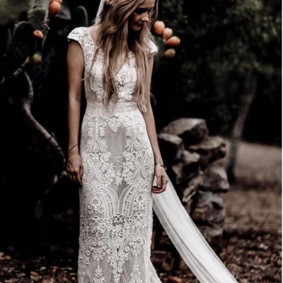 Vintage lace v neck rustic wedding dresses cap sleeve ivory sheath beach wedding gowns,173 - Thumbnail 5