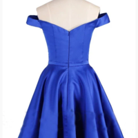 Elegant Satin Off the Shoulder Short Length A line V Neck Blue Homecoming Dresses,175 - Thumbnail 2