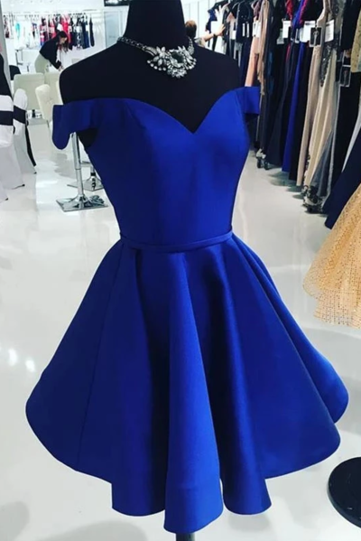 Elegant Satin Off the Shoulder Short Length A line V Neck Blue Homecoming Dresses,175