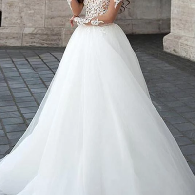 A line long sleeve tulle white lace appliques wedding dresses long wedding gowns,176 - Thumbnail 5