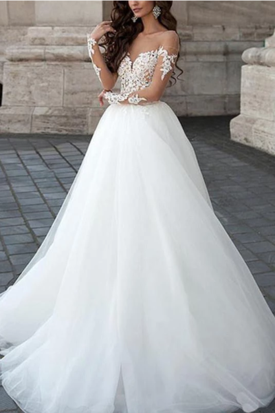 A line Long Sleeve Tulle White Lace Appliques Wedding Dresses Long Wedding Gowns,176
