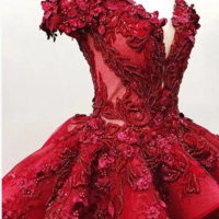 2019 Chic Ball Gown V Neck Beads Appliques Red Off-the-Shoulder Long Prom Dresses,177 - Thumbnail 1