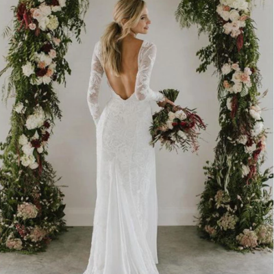 Sheath a line long sleeves ivory rustic lace backless scoop neck beach wedding dresses,179 - Thumbnail 5