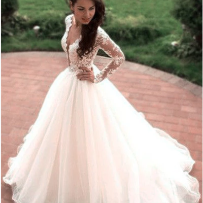 Boho princess a-line v-neck tulle ivory long sleeves wedding gowns,179 - Thumbnail 5