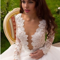 Boho Princess A-Line V-Neck Tulle Ivory Long Sleeves Wedding Gowns,179 - Thumbnail 3