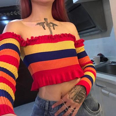 Off Shoulder Flounced Rainbow Stripe Knitted Top