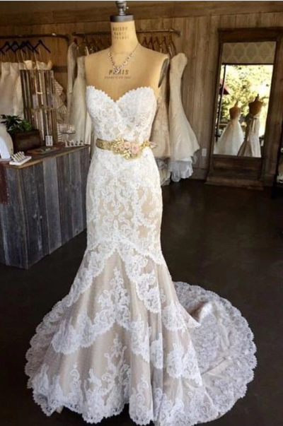 Princess Mermaid Strapless Sweetheart Lace Appliques with Flowers Wedding Dresses,180