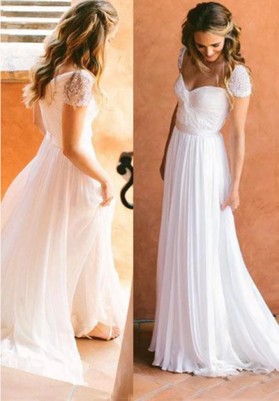 Cheap Sweetheart Beading Cap Sleeve Beads Chiffon A-Line Open Back Ruffles Wedding Dress,184