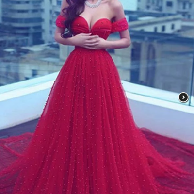 Gorgeous tulle red off the shoulder sweetheart a-line lace up wedding dresses,185 - Thumbnail 4