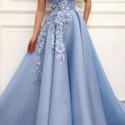 A line blue off the shoulder tulle lace sweetheart 3d flowers prom dresses,formal dress,186 - Thumbnail 4