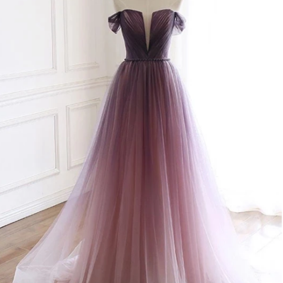 Unique gradient purple tulle long prom dress, off shoulder evening dress,187 - Thumbnail 5