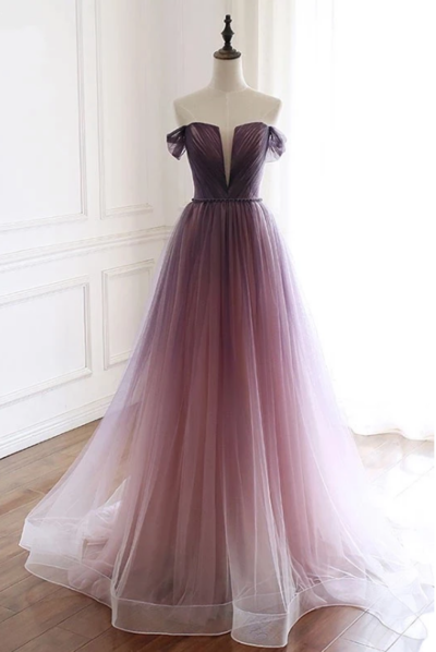 Unique Gradient Purple Tulle Long Prom Dress, Off Shoulder Evening Dress,187