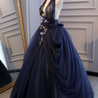Ball Gown Blue Tulle Lace Long Prom Dresses Deep V Neck Backless Evening Dresses,189 - Thumbnail 1