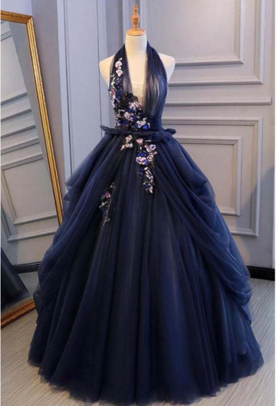 Ball Gown Blue Tulle Lace Long Prom Dresses Deep V Neck Backless Evening Dresses,189
