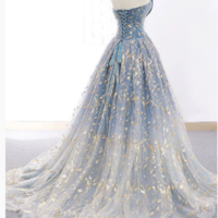 Elegant A Line Blue Tulle Long Strapless Lace up Gold Evening Dress,Prom Dresses,190 - Thumbnail 1