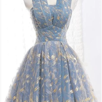 Elegant A Line Blue Tulle Long Strapless Lace up Gold Evening Dress,Prom Dresses,190 - Thumbnail 2