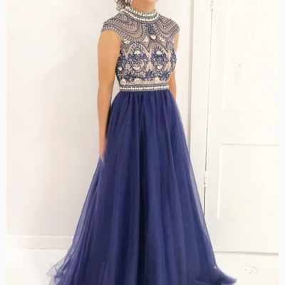 Vintage stylish a-line high neck cap sleeves navy blue beaded lace tulle prom dresses,193