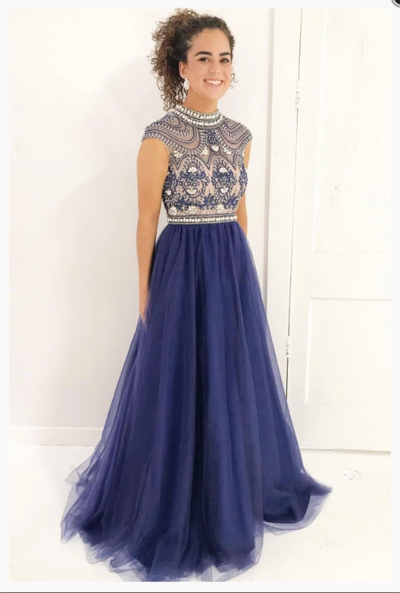 Vintage Stylish A-Line High Neck Cap Sleeves Navy Blue Beaded Lace Tulle Prom Dresses,193