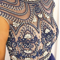 Vintage Stylish A-Line High Neck Cap Sleeves Navy Blue Beaded Lace Tulle Prom Dresses,193 - Thumbnail 1