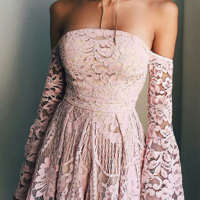 Hot sale blush pink lace homecoming dresses,off the shoulder long sleeves mini graduation dresses party dresses,194 - Thumbnail 4