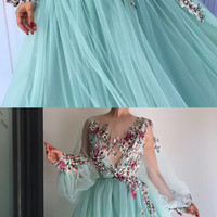 Blue tulle floral embroidered puff sleeve prom dress ,tulle evening dress,party dress,195 - Thumbnail 1