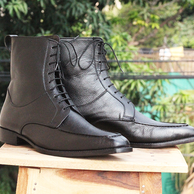 Black leather ankle high boots men's lace up dress boots - Thumbnail 3