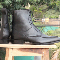 Black Leather ankle high boots men's Lace up dress boots - Thumbnail 1