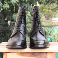Black Leather ankle high boots men's Lace up dress boots - Thumbnail 3