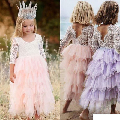 Peach/lanvender/blue/blush cute flower girl dresses with lace - Thumbnail 5